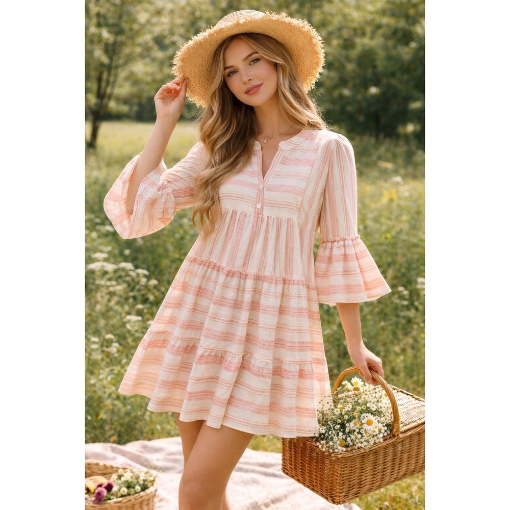 Fate Prairie Cottagecore Tiered Dress Pink Stripe Milkmaid Romantic Summer SZ L